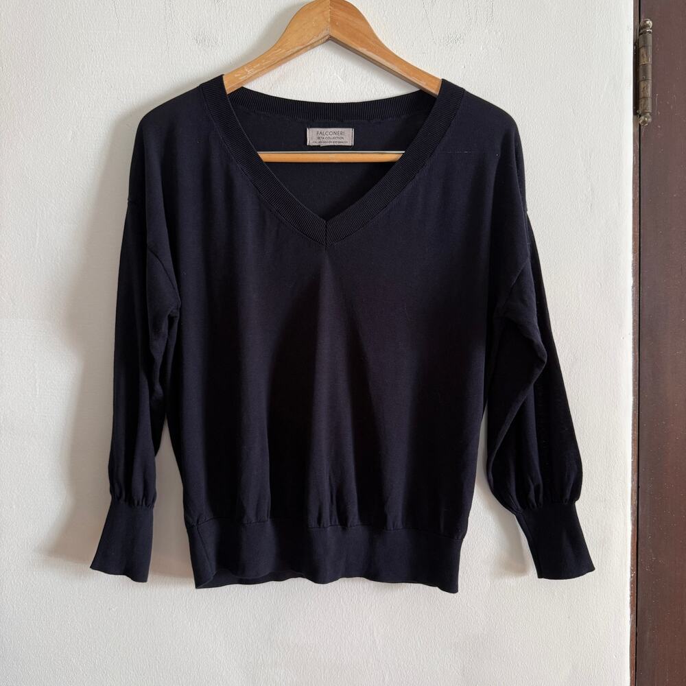 FALCONIERI Black Silk Knit V Neck Sweater with Blouson Sleeves Medium
